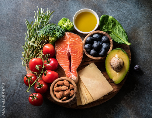 Healthy Balanced Food Platter Featuring Vegetables, Salmon, Cheese, and Nuts