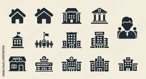 Collection of Building Icons Representing Various Institutions.