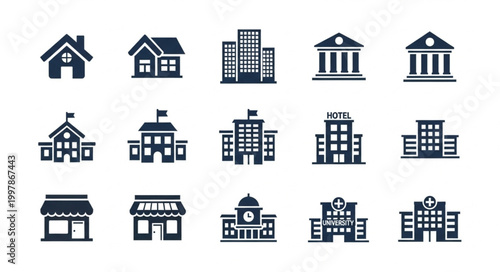 Collection of diverse building icons representing various structures.