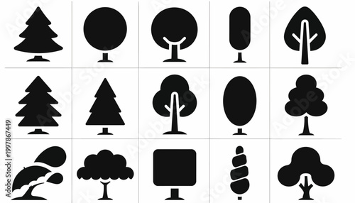 Collection of various tree silhouettes, representing nature and the environment