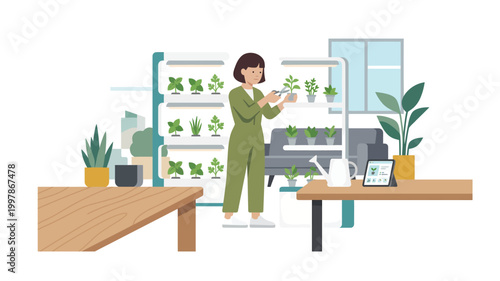 Woman caring for indoor plants in a modern vertical garden setting