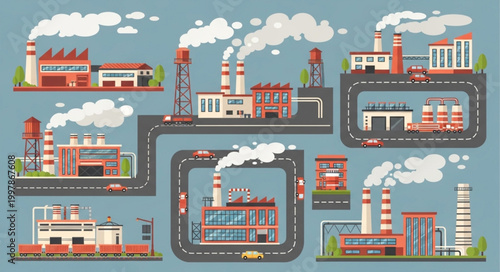 Industrial Factory Buildings with Smoke Stacks and Roads.