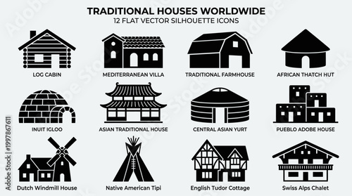 Diverse Traditional Houses Worldwide A Set of Flat Vector Silhouette Icons Illustrating Global Cultural Architecture and Dwellings