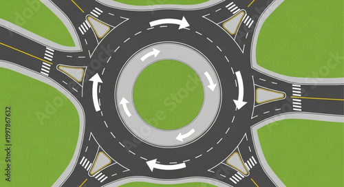Aerial View of a Modern Traffic Roundabout with Multiple Entrances and Exits.