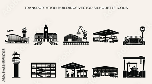 Collection of Silhouette Icons Representing Various Transportation and Building Structures for Design Projects