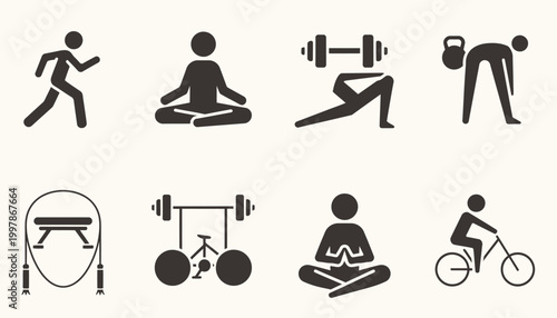 Collection of fitness and wellness icons representing various activities like running, yoga, weightlifting, and cycling