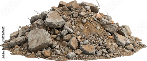 A large pile of broken concrete chunks and rubble with exposed rusty metal rebar fragments representing construction waste and debris materials dirt stones aggregate demolition