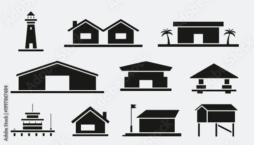 Diverse Architectural Silhouette Icon Collection Featuring Various Building Types and Residential Structures for Design Projects