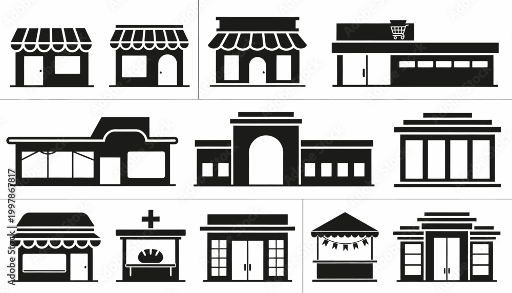 Fototapeta premium Vector set of diverse shop facades and commercial buildings, featuring various storefronts, market stalls, and retail establishments for business graphics