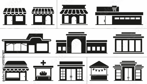 Vector set of diverse shop facades and commercial buildings, featuring various storefronts, market stalls, and retail establishments for business graphics