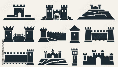Collection of stylized castle icons representing medieval fortifications and historical architecture