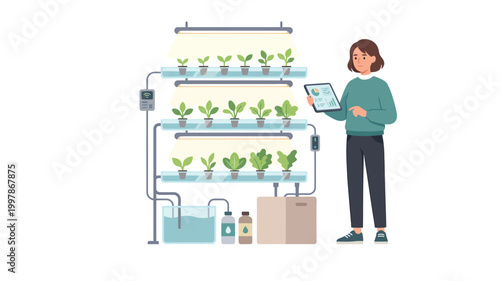 Woman controlling indoor vertical hydroponic farming system with digital tablet