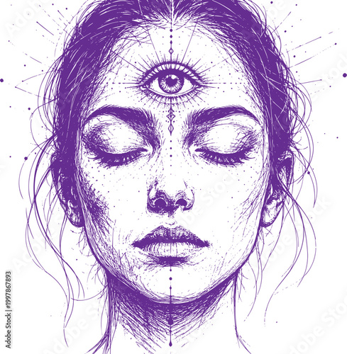 Spiritual awakening human face sketch with closed eyes and detailed third eye on forehead, mystical meditation concept line art, inner consciousness illustration