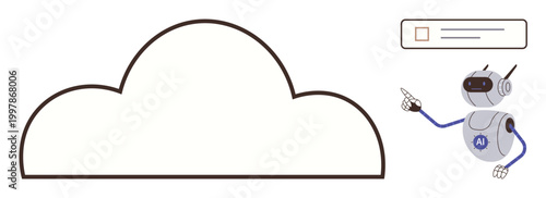 Cloud computing, artificial intelligence, data storage, digital services, machine learning, and automation. AI robot pointing at a cloud and digital interface. Cloud computing and artificial