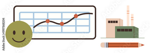 Business analysis, productivity improvement, industrial growth, data trends, workflow efficiency, economic strategy. happy face, growth chart factory and pencil. Productivity and industrial growth