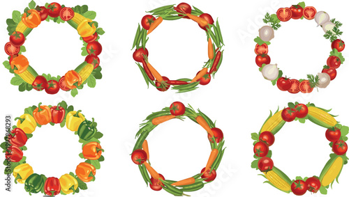Vegetable wreath collection with tomatoes, carrots, corn and peppers, fresh organic food frames vector illustration set for healthy design