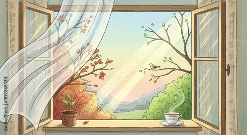 Open window reveals a peaceful landscape with a steaming cup of tea and a plant, with gentle breezes blowing through the curtains.