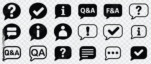 Set of question mark and answer speech bubble vector icons on transparent background.