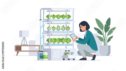 Woman monitoring indoor hydroponic vertical garden system with digital tablet