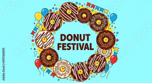 Donut Festival circular frame with colorful balloons and confetti