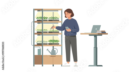 Woman monitoring indoor vertical garden with smartphone in clean office space
