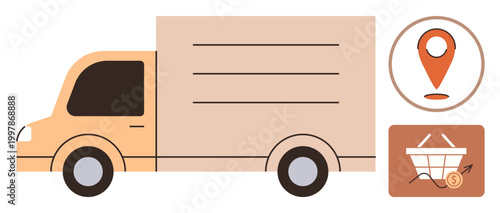Online shopping, logistics, delivery services, e-commerce platforms, shipping, business supply chains. A delivery truck with a map pin and shopping cart icon. Online shopping and logistics concept
