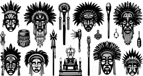 Collection of Indigenous Masks and Ceremonial Items Featuring Detailed Illustrations