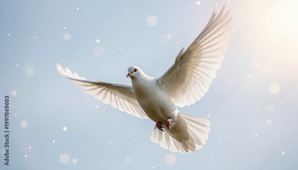 Obraz premium Dove Soaring in Azure Sky: A pristine white dove soars gracefully against a backdrop of a bright azure sky, embodying the essence of peace and freedom.