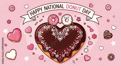 Cute donut couple with heart shaped dessert for National Donut Day