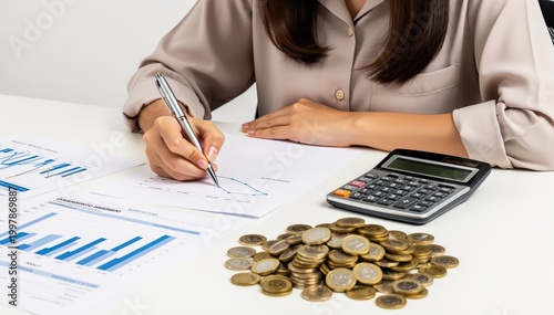 Financial Precision: A focused individual meticulously examines financial charts, accompanied by a calculator and a pile of coins, highlighting meticulous planning and smart budgeting.