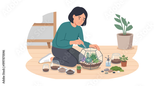 Woman planting succulents in geometric glass terrarium at home flat illustration