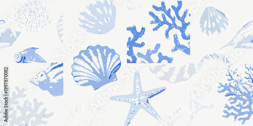 Seashells and coral pattern blue textured illustration on white background