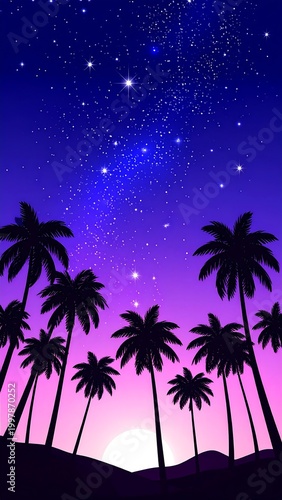Silhouette palm trees frame a gradient sunset, beneath a star-filled sky. The purple, pink and blue hues merge creating a tranquil scene