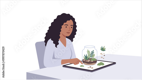 Woman sitting at a table building a miniature plant terrarium
