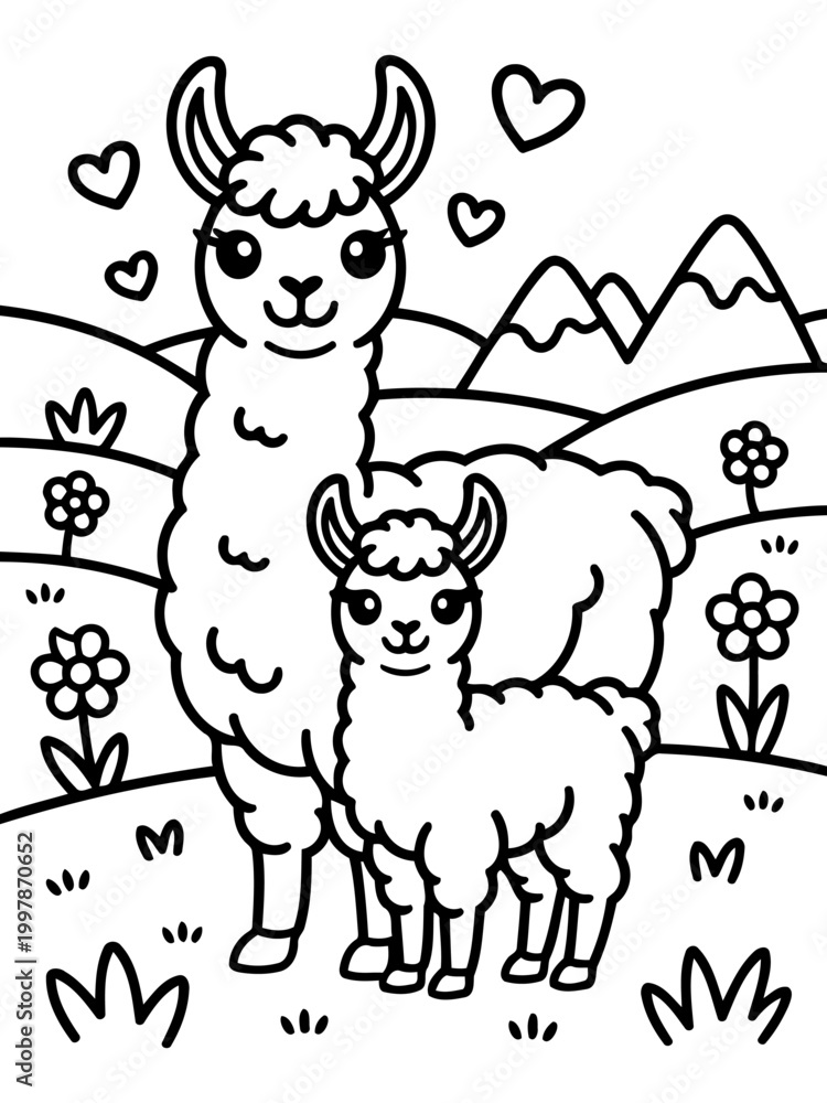 Fototapeta premium Love in the Meadow: An endearing illustration portrays a tender moment between a mother and baby llama, their hearts intertwined amidst a field of flourishing flowers and rolling hills.