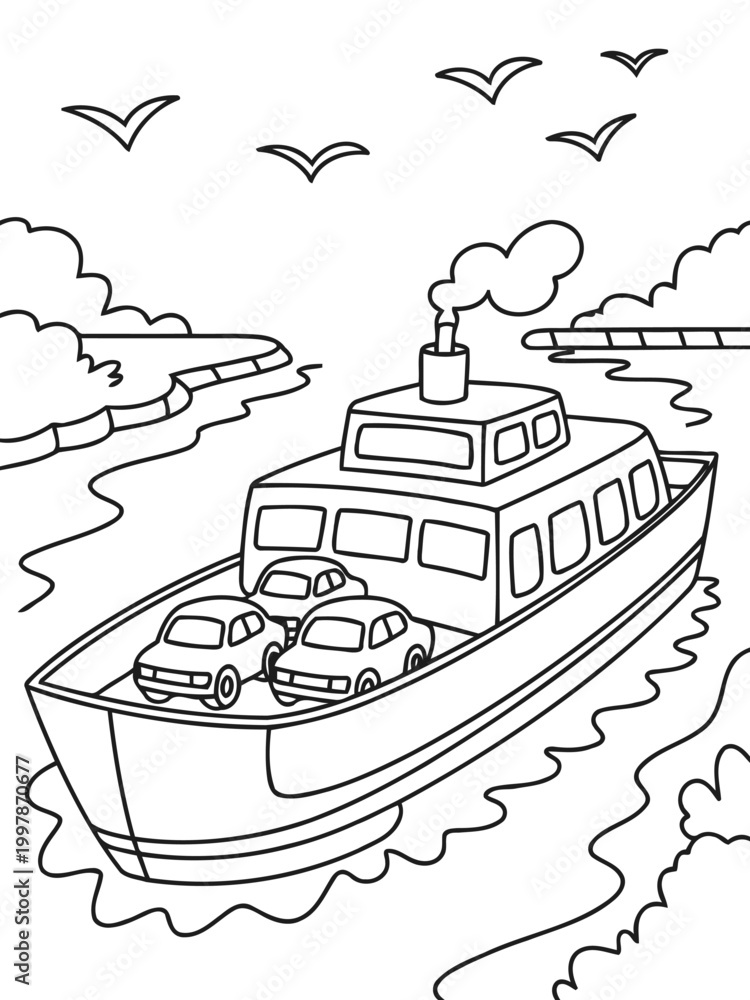 Fototapeta premium Ferryboat crossing the water: A detailed illustration captures the essence of a ferry transporting cars across a waterway, with seagulls overhead.
