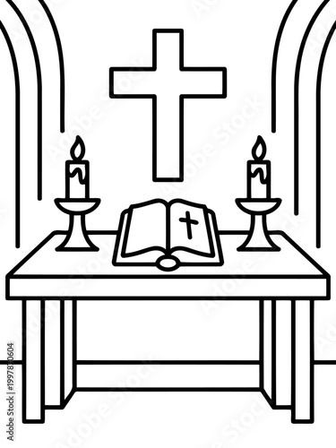Sacred Sanctuary: A serene illustration of a simple altar, with a cross, a bible, and candles, evoking a sense of faith, peace and hope.