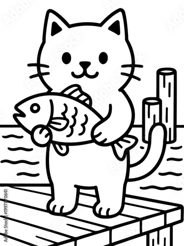 Catch of the Day: An adorable cat proudly holds up a freshly caught fish, smiling with satisfaction from the dock, a testament to its successful fishing trip. 