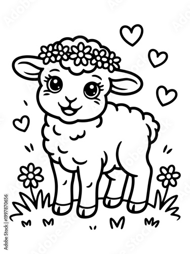 Adorable Lamb: An illustrated lamb, adorned with a floral crown, radiates happiness and charm, perfect for conveying themes of innocence and endearment.