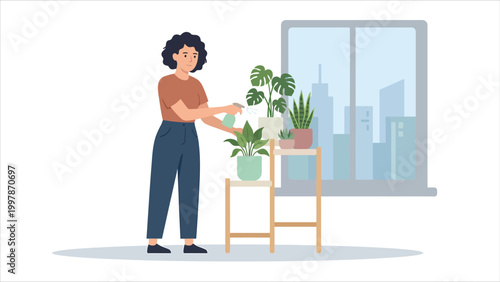 Woman spraying water on indoor plants in modern city apartment