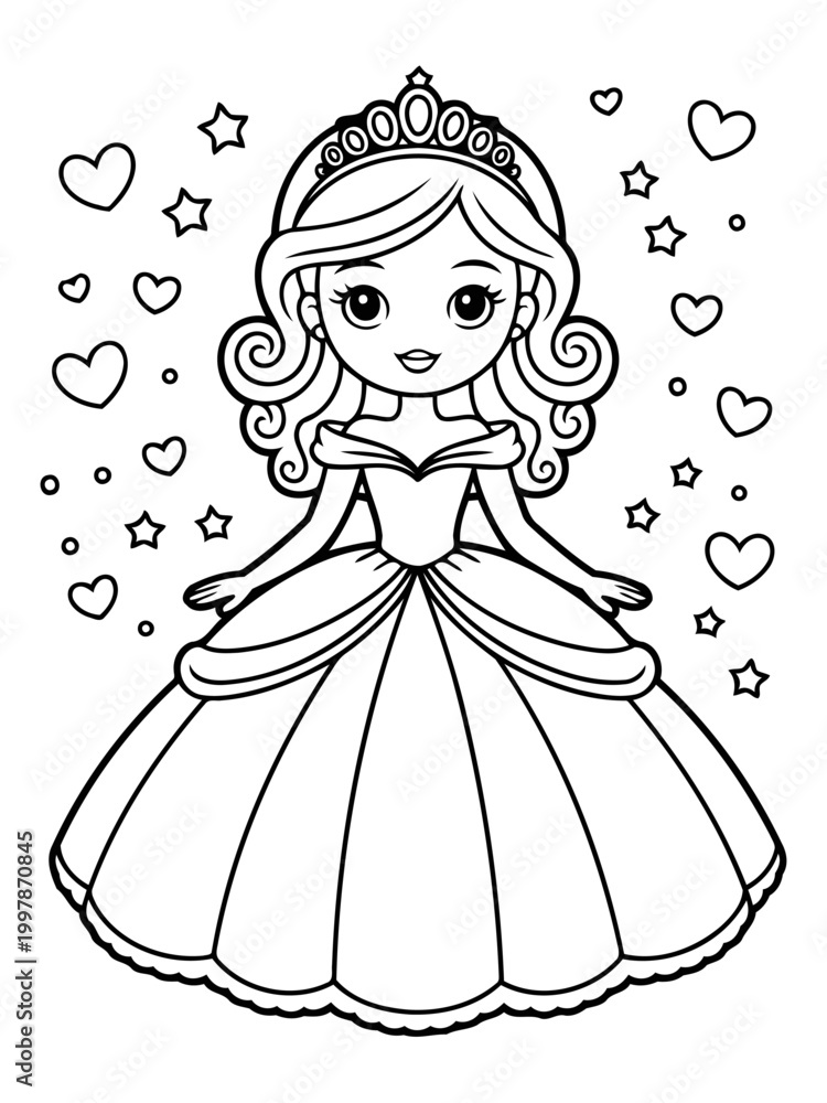 Fototapeta premium Princess in Fairytale: An elegant illustration depicts a charming princess adorned in a magnificent gown, a regal tiara, and surrounded by symbols of love and wonder.