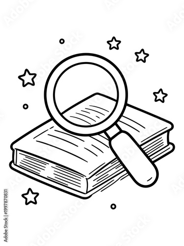 Magnifying the Story: An illustration of a book being examined through a magnifying glass. Sparkles add a touch of magic, inviting exploration and the unraveling of stories.