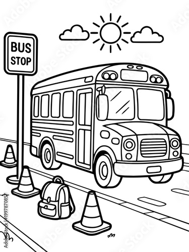 Bus Stop Illustration: A detailed line drawing shows a school bus parked at a bus stop, with a backpack and traffic cones. The scene evokes anticipation of a school day and routine.