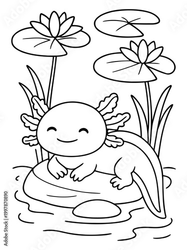 Axolotl in Water Habitat: An endearing axolotl, a unique amphibian, rests peacefully amidst water lilies and aquatic plants. The scene is filled with a sense of serenity.