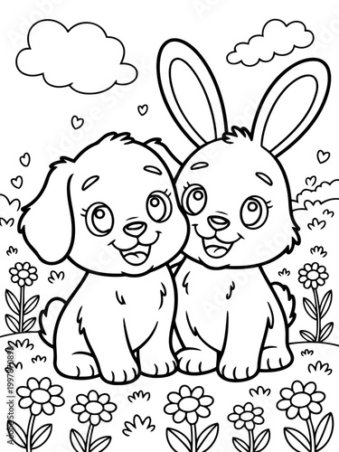 Cute Pup and Bunny Companions: Two adorable animal friends, a pup and a bunny, share a tender moment, surrounded by flowers and hearts. A delightful illustration conveying friendship and affection.