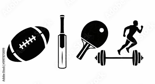 Set of sports icons representing a rugby ball, cricket bat and ball, table tennis equipment, weights, and a runner