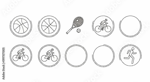 Stylized vector outline icons depicting popular sports, engaging fitness activities, and recreational hobbies. Perfect for illustrating health, wellness, and active lifestyle concepts