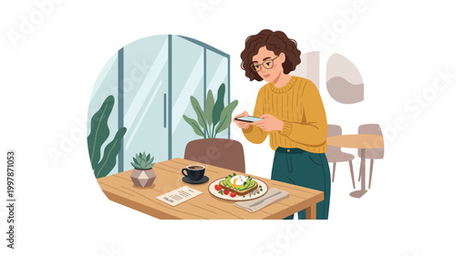 Woman taking smartphone photo of food at a wooden cafe table