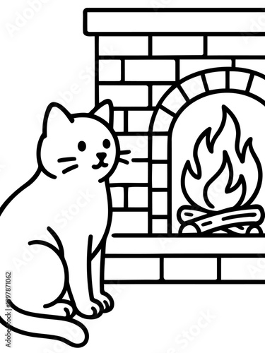 Cozy Cat and Fireplace: A charming illustration depicts a serene cat comfortably seated beside a warm, inviting fireplace, creating a feeling of home and tranquility.