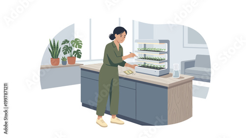Woman tending to indoor smart garden on kitchen island in modern apartment